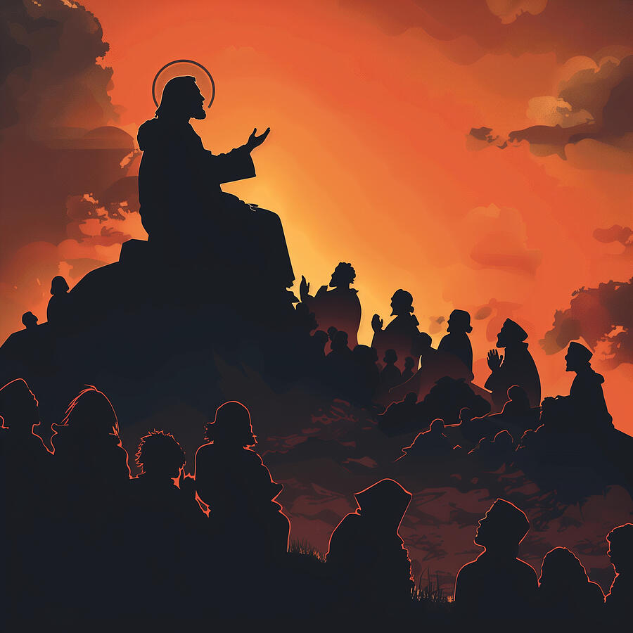 Sunset Digital Art - Jesus delivering the Sermon on the Mount by Kingai