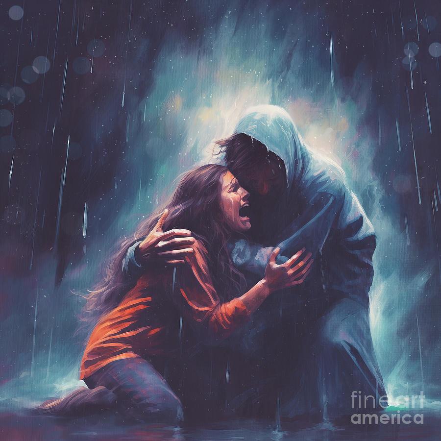 Jesus Christ Digital Art - Jesus holds a woman in the storm by Kevin Carden
