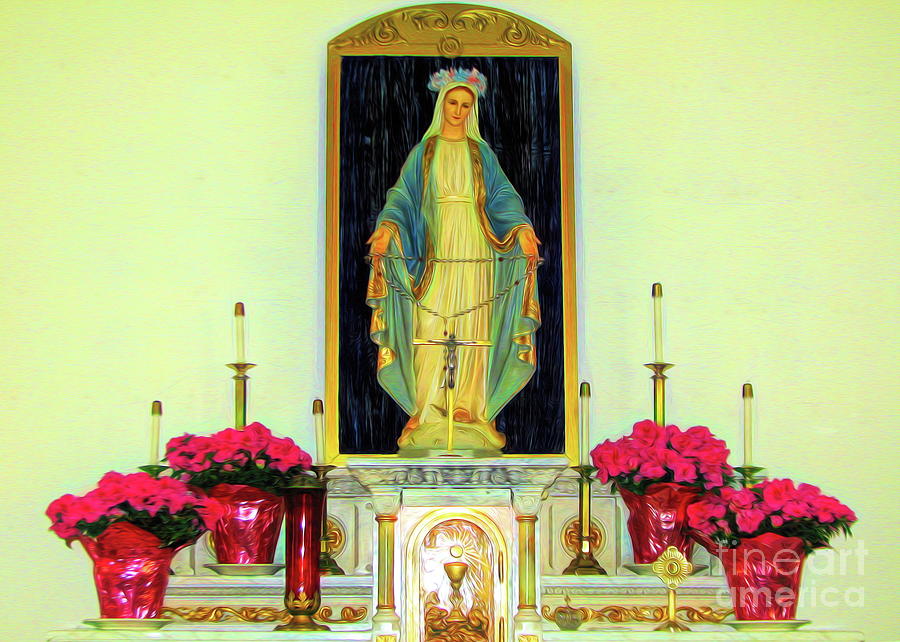 Jesus in The Tabernacle and Our Lady of The Rosary Statue with flowers Photograph by Rose Santuci-Sofranko