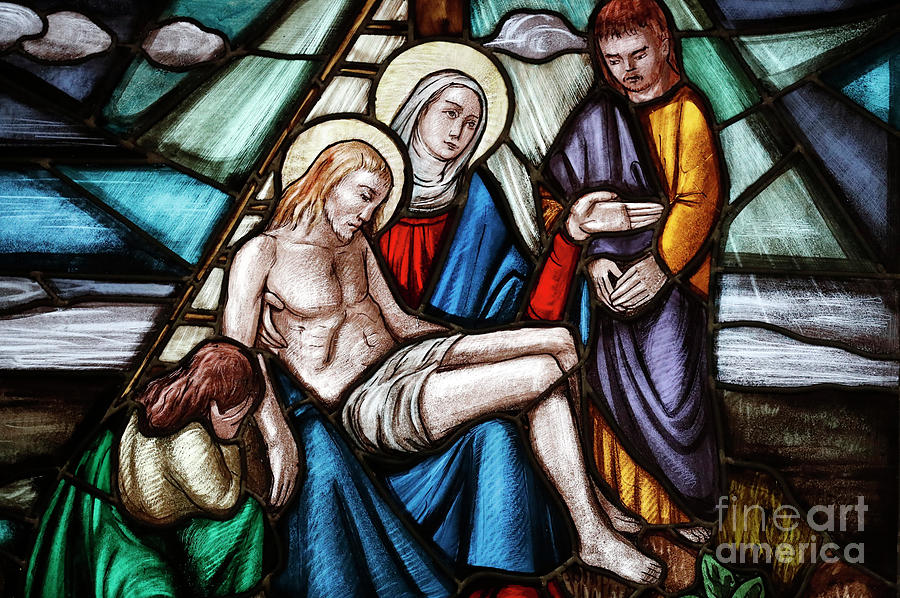 Jesus is taken down from the Cross, Stain glass window Glass Art by European School