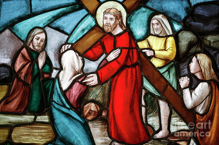 Jesus meets his Mother, Stain glass window Glass Art by European School