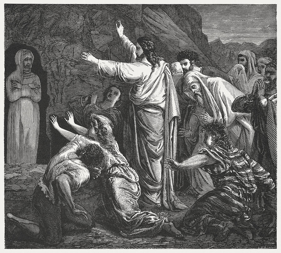 Jesus Raises Lazarus (John 11, 44), wood engraving, published 1886 Drawing by Zu_09