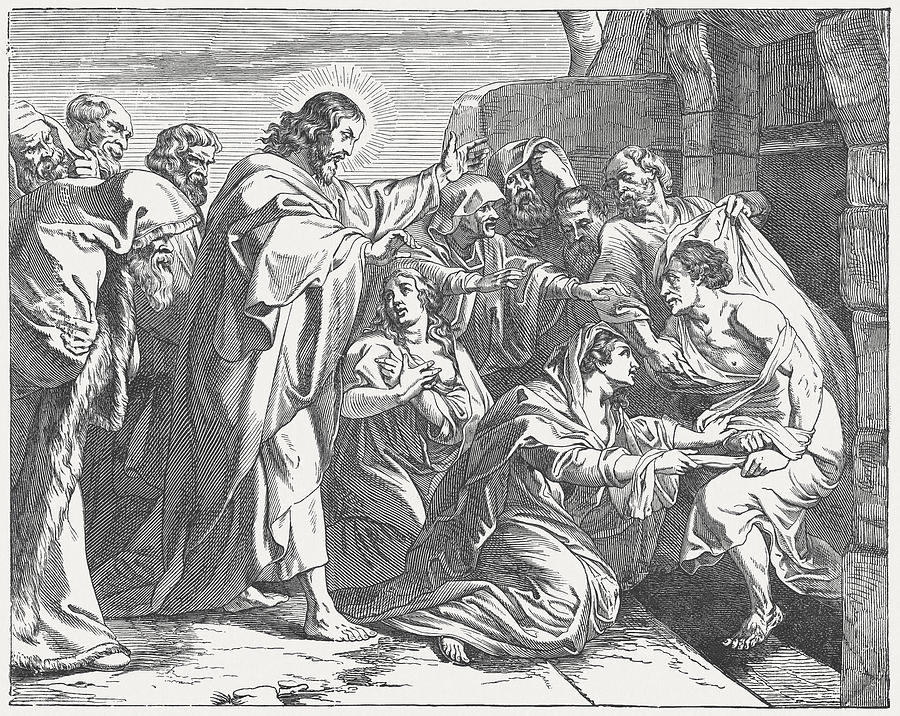 Jesus Raising Lazarus from the Dead (John 11), published 1877 Drawing by Zu_09