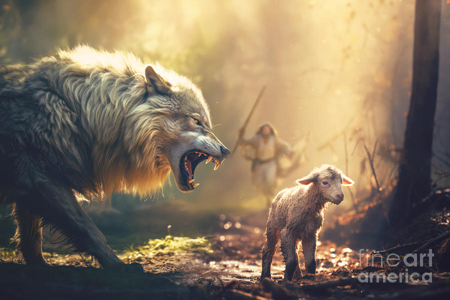 Sheep Digital Art - Jesus running towards wolf and lamb by Kevin Carden