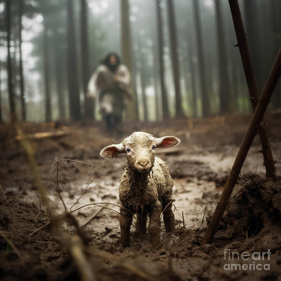 Sheep Digital Art - Jesus runs towards the lost lamb by Kevin Carden