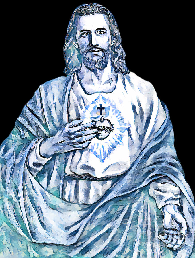 Jesus Sacred Heart in Black and Blue Digital Art by Munir Alawi