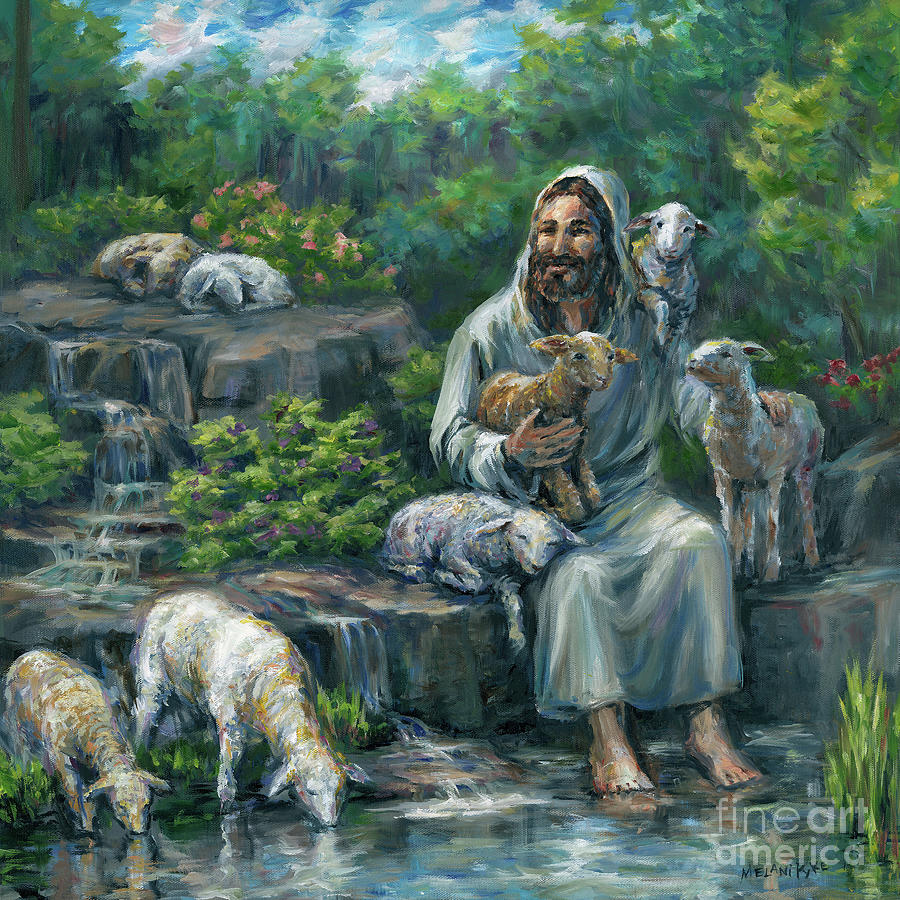 Sheep Painting - Jesus with Lambs by Waterfall by Melani Pyke