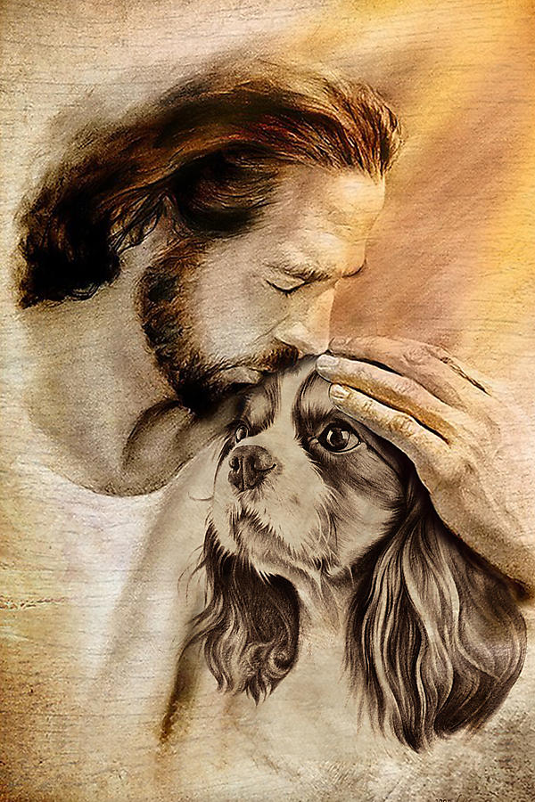 Jesus Christ Drawing - Jesus With Lovely Cavalier King Charles Spaniel by Anh Nguyen