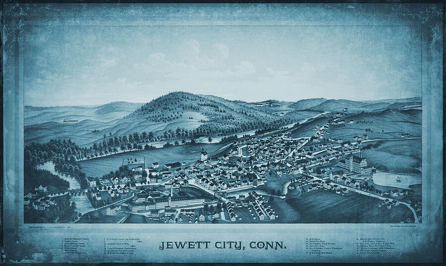 Jewett City Connecticut Vintage Map Birds Eye View 1889 Blue Photograph ...