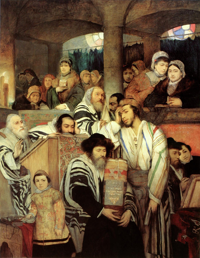 European Artists Painting - Jews Praying in the Synagogue on Yom Kippur by Maurycy Gottlieb