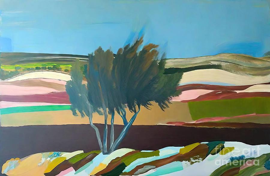 Abstract Painting - Jezreel Valley Painting peaceful jezreeel valley israel colorful colourful landscape abstract acrylic architecture art artistic attraction background black blue branch color colorful cottage decor by N Akkash