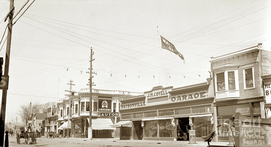 Covell Photograph - J.H. Covell Watsonville Garage, A and H Grocery Circa 1915 by Monterey County Historical Society
