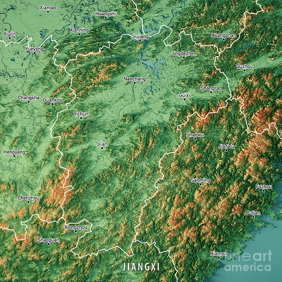 Jiangxi China 3d Render Topographic Map Color Border Cities Digital Art By Frank Ramspott Pixels 9169