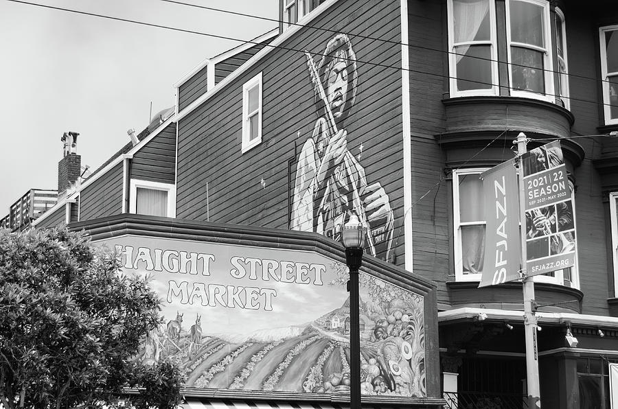 Jimi Hendrix Red House Over Haight Street Market San Francisco Black and White Photograph by Shawn OBrien