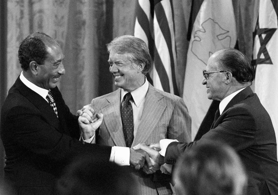 Jimmy Carter with Sadat and Begin - Camp David 1978 Photograph by War Is Hell Store