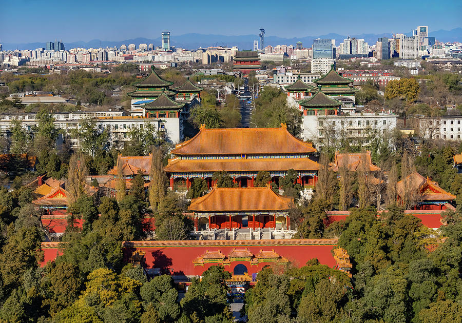 Fall Photograph - Jingshan Park Looking North at Drum Tower Beijing China Overview by William Perry