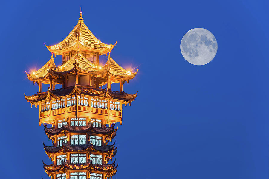 JiuTian tower and moon in Chengdu Photograph by Philippe Lejeanvre