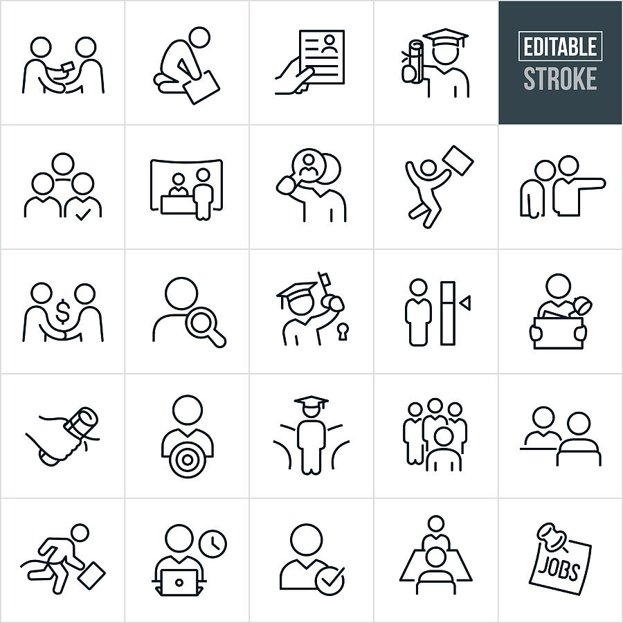 Job Recruiting and Hiring Thin Line Icons - Editable Stroke Drawing by Appleuzr