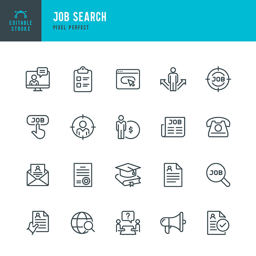 Job Search - thin line vector icon set. Pixel perfect. Editable stroke. The set contains icons: Job Search, Job Listing, Job Interview, Diploma, Education, Application Form, Web Page, Resume, Wages. Drawing by Fonikum
