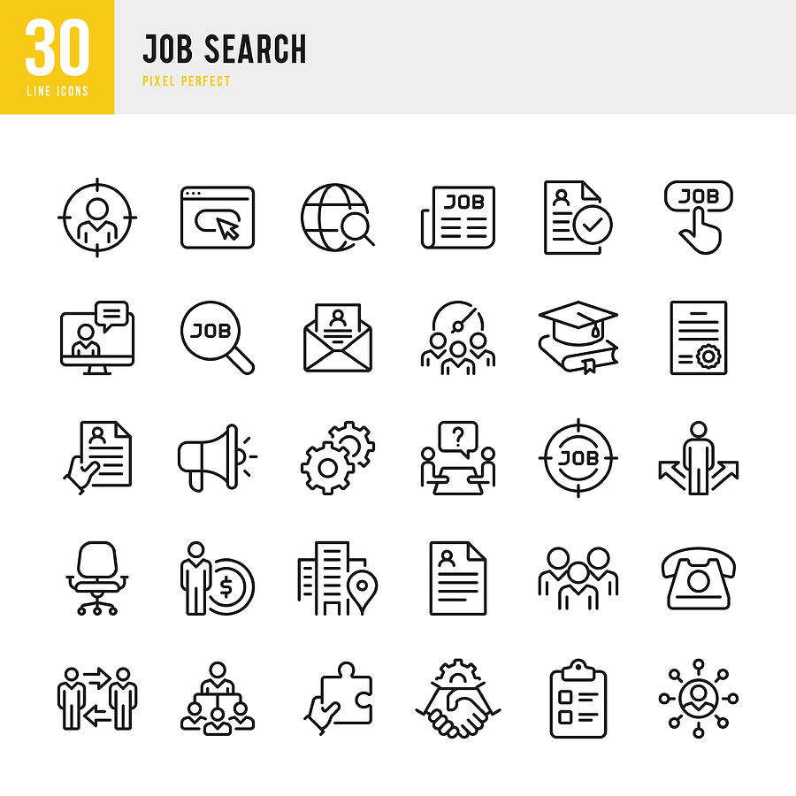 Job Search - thin line vector icon set. Pixel perfect. The set contains icons: Job Search, Teamwork, Resume, Handshake, Manager. Drawing by Fonikum