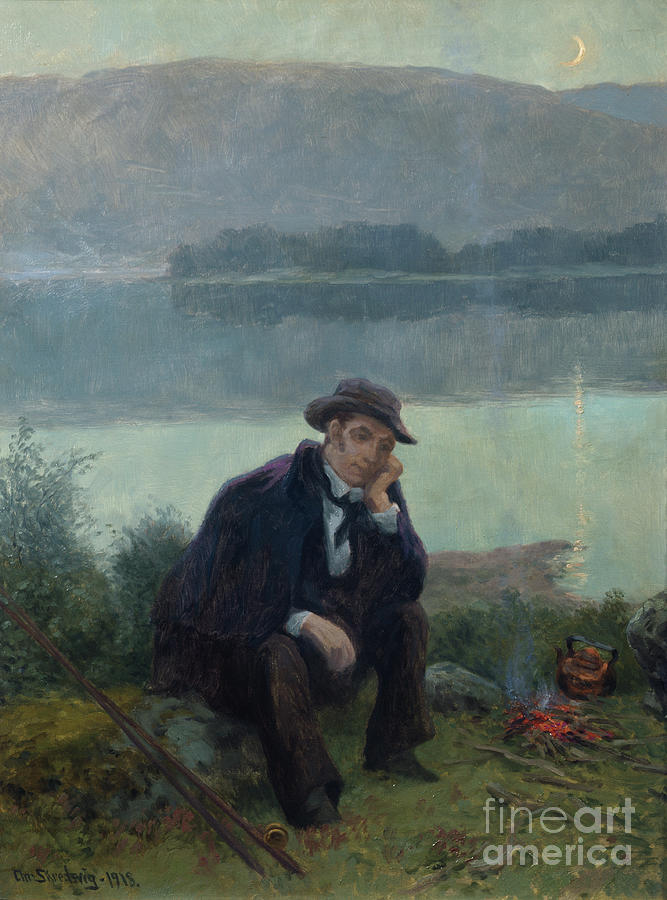 Joergen Moe on a fishing trip, 1918 Painting by O Vaering by Christian Skredsvig