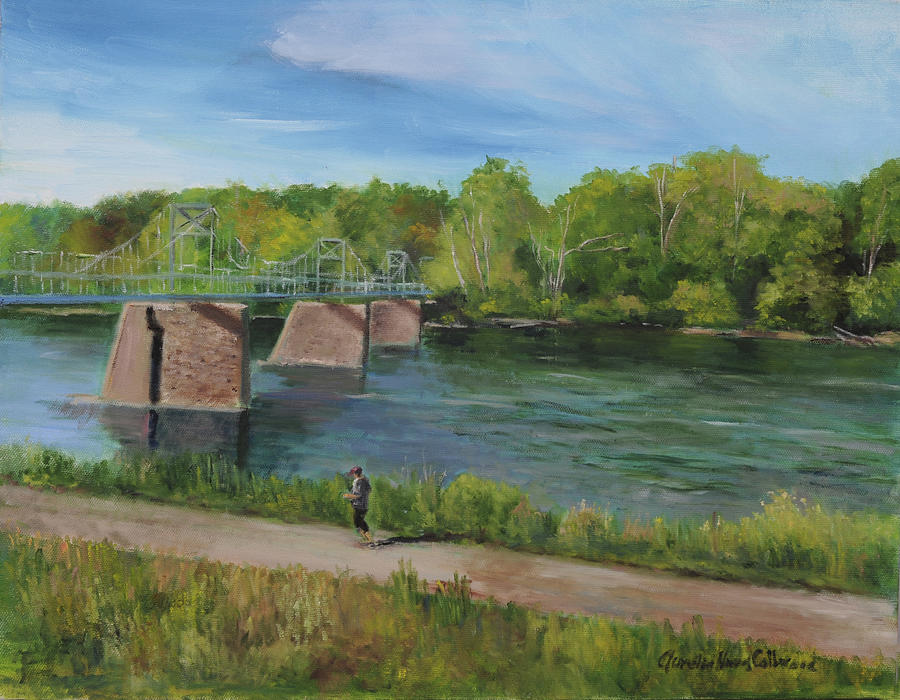 Bridge Painting - Jogging Along the Delaware by Aurelia Nieves-Callwood