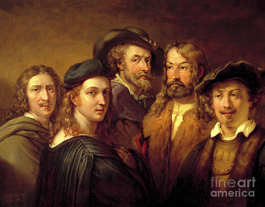 Johan Gustaf Sandberg - Five painters Raphael, Rembrandt, Nicolas Poussin, Durer and Rubens Painting by Alexandra Arts