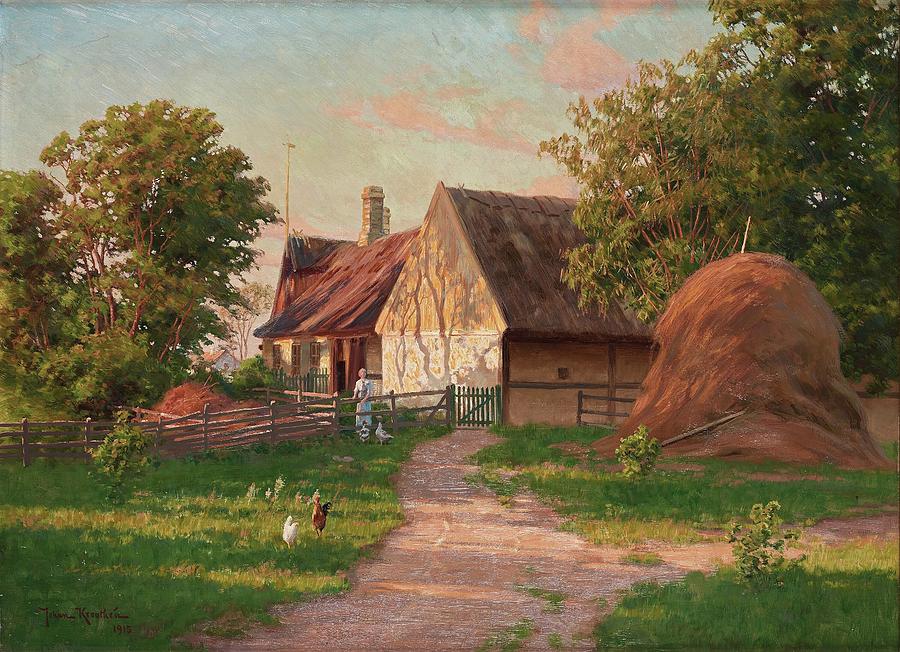 Johan Krouthen Sweden 1858 1932 A Farm With Hens Painting