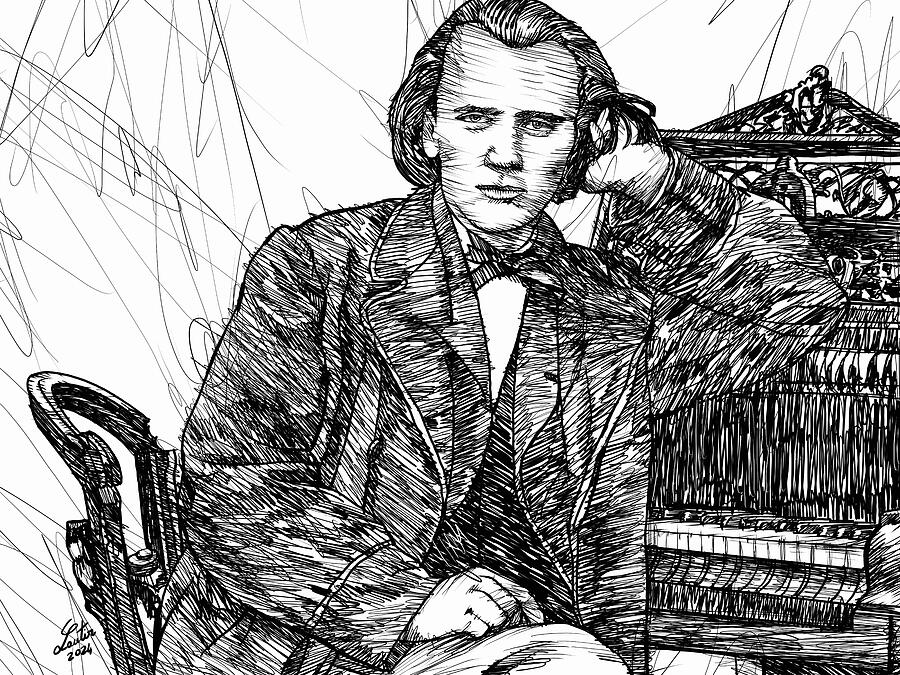 Brahms Drawing - JOHANNES BRAHMS ink portrait .3 by Fabrizio Cassetta