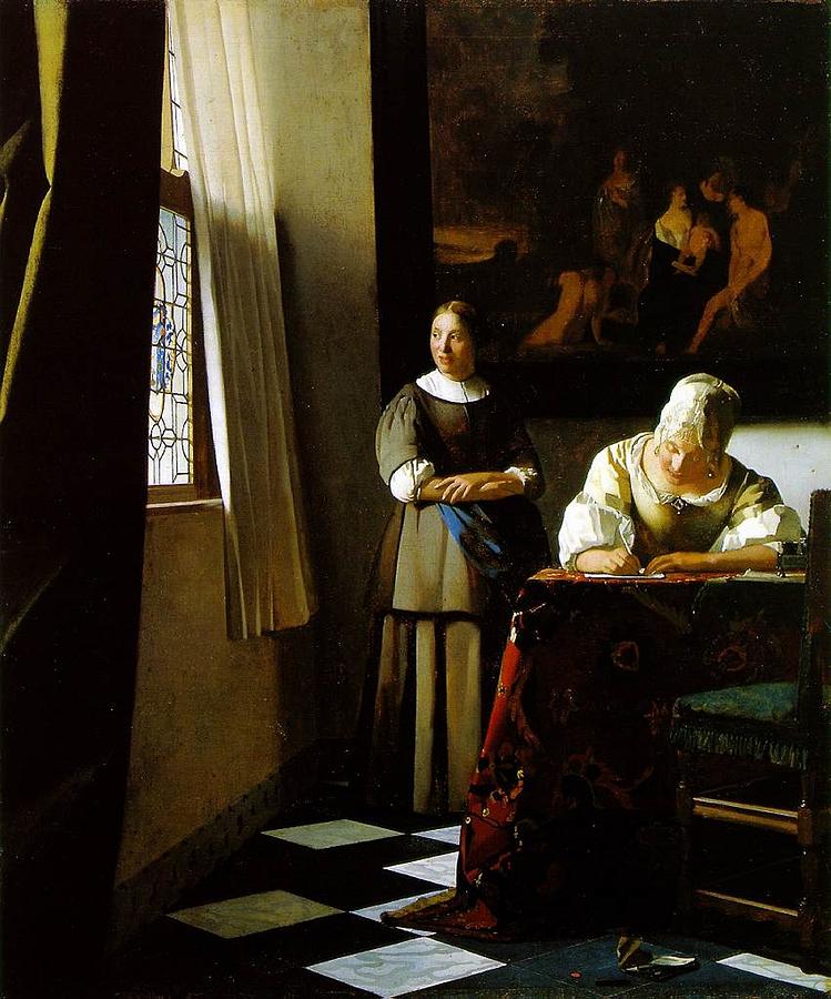 Johannes Vermeer - Lady Writing a Letter with her Maid Painting by Les ...