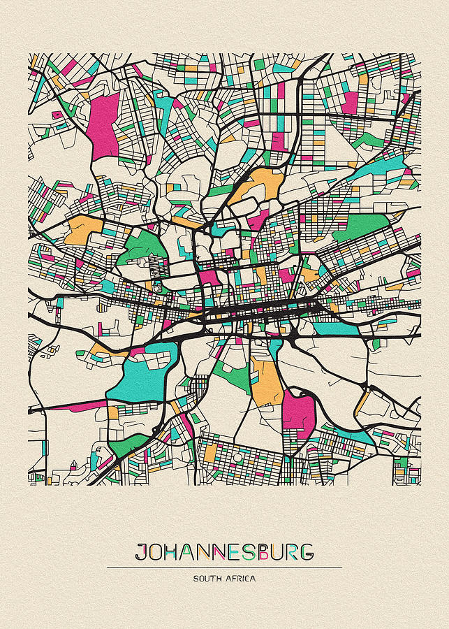 Johannesburg, South Africa City Map Drawing by Inspirowl Design | Fine