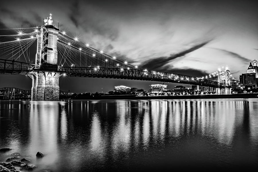 Cincinnati Bengals Photograph - John A. Roebling Bridge On The Ohio River - Cincinnati Monochrome by Gregory Ballos