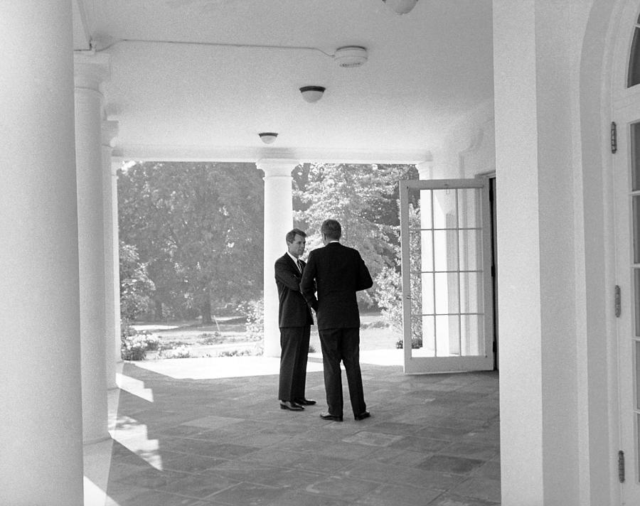 John and Robert Kennedy Speaking Outside The White House - 1962 Photograph by War Is Hell Store