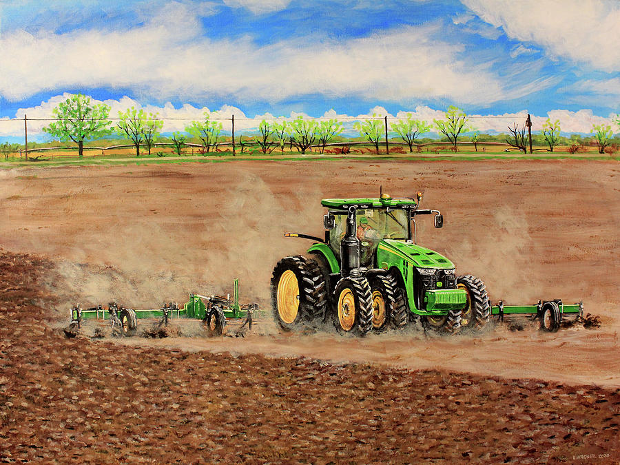 John Deere 8345R Tractor Pulling a Cultivator Painting by Karl Wagner