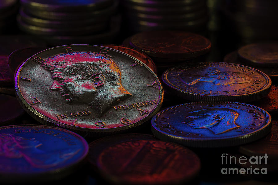 John Fitzgerald Kennedy 1964 Coin US Half Silver Dollar On coin pile tacks Blue Red Light Macro Photograph by Sapiens Verbum John Fitzgerald Kennedy 1964 Coin US Half Silver Dollar On coin pile tacks Blue Red Light Macro Photograph by Sapiens Verbum