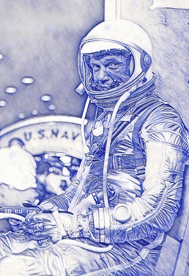 John Glenn Wearing A Space Suit Sketch Drawing by War Is Hell Store