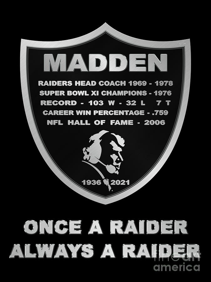 John Madden Raiders Memorial Shield Always a Raider Achievements Logo Photograph by Aloha Art