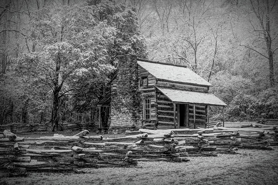 John Oliver Cabin In Snow Black and White Photograph by Douglas Wielfaert