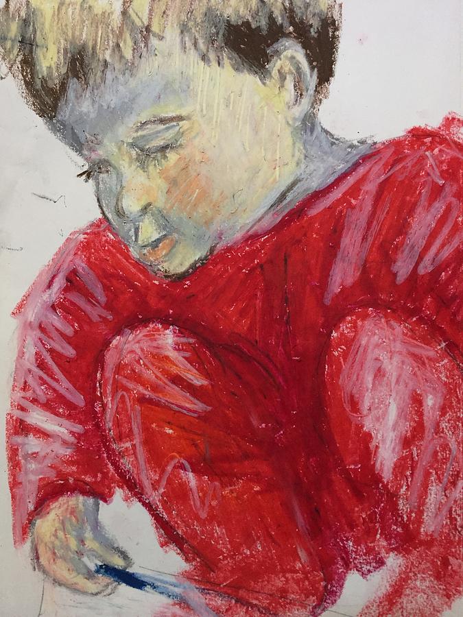 John Paul Drawing With Mommy Pastel by Danielle Rosaria