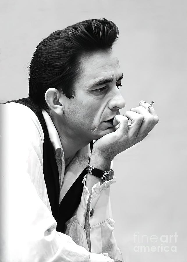 Johnny Cash with Cigarette Black and White Art Painting by Helena ...