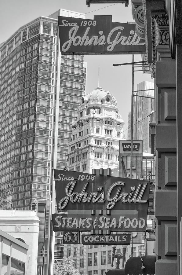 Johns Grill Steaks Seafood Cocktails Neon Signs Downtown San Francisco Black and White Photograph by Shawn OBrien