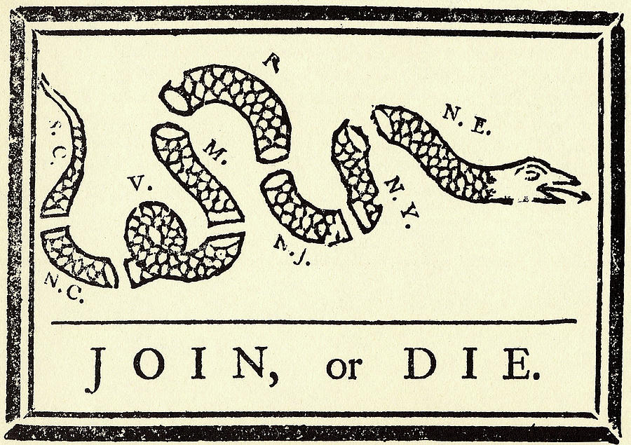 Benjamin Franklin Painting - Join or Die, Pennsylvania Gazette, Benjamin Franklin, political cartoon by American History