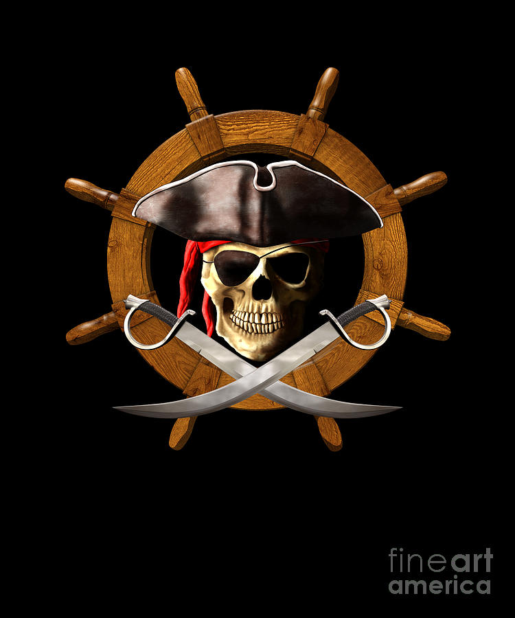 Pirate Digital Art - Jolly Roger Pirate Skull and Swords Sailing Ship Helm by MacDonald Creative Studios