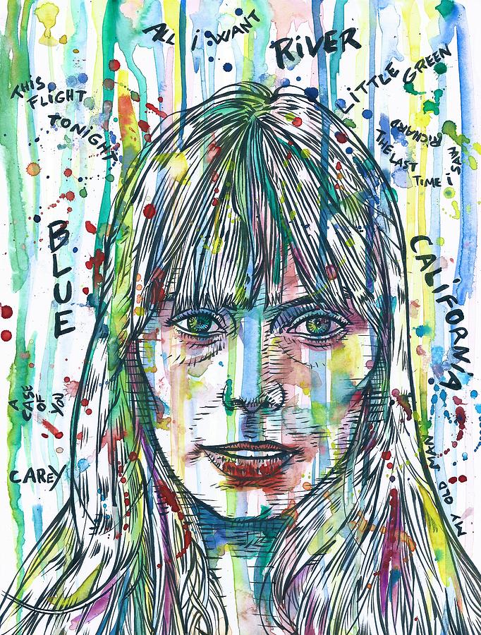 JONI MITCHELL watercolor and ink portrait Painting by Fabrizio Cassetta
