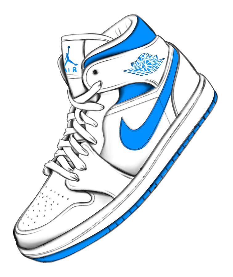 Chicago Bulls Digital Art - Jordan 1 blue and white sneakers by Donald Lawrence