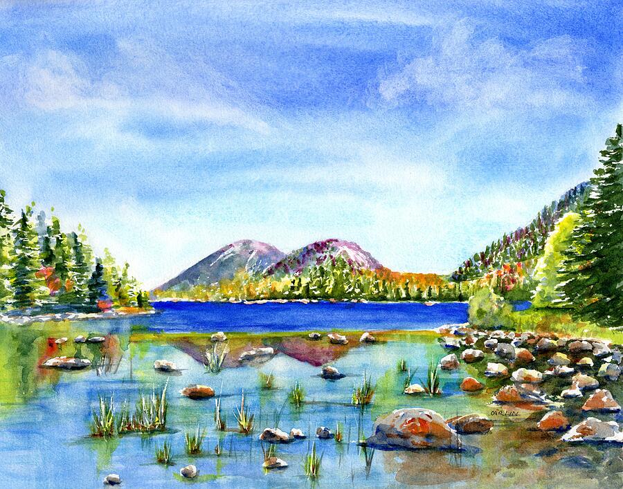 Jordan Pond and The Bubbles Painting by Carlin Blahnik CarlinArtWatercolor