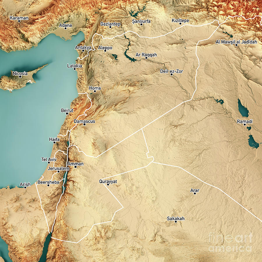 Jordan Digital Art - Jordan Syria 3D Render Topographic Map Color Border Cities by Frank Ramspott