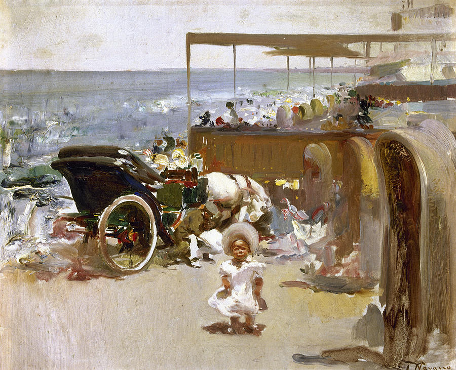 Jose Navarro Llorens -1867-1923-. Spanish painter. Carriage and child on the beach -1908-1912-. O... Painting by Album Jose Navarro Llorens -1867-1923-. Spanish painter. Carriage and child on the beach -1908-1912-. O... Painting by Album