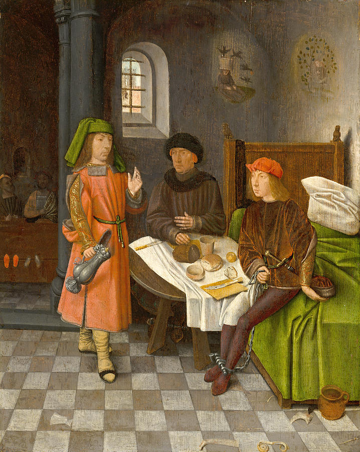 Joseph Explaining the Dreams of the Baker and the Cupbearer Painting by Attributed to Jan Mostaert