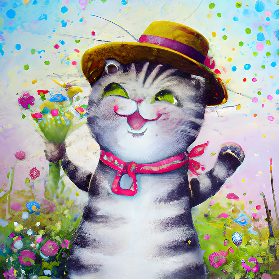 Joyful Cat with Hat and Bouquet Digital Art by Amalia Suruceanu